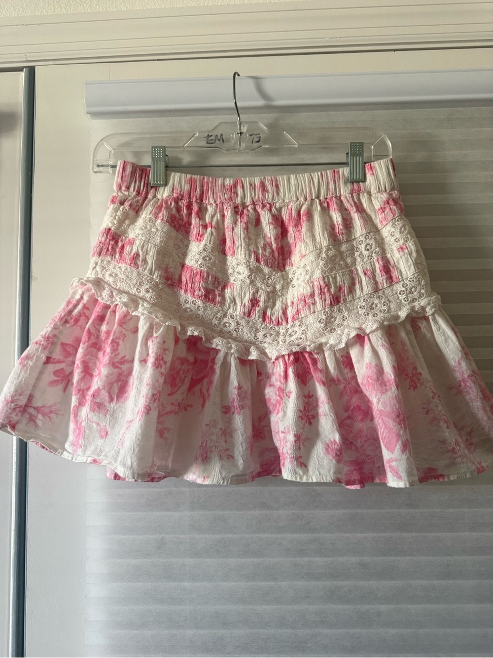 LoveShackFancy Pink and White Floral Tiered Mini Skirt
